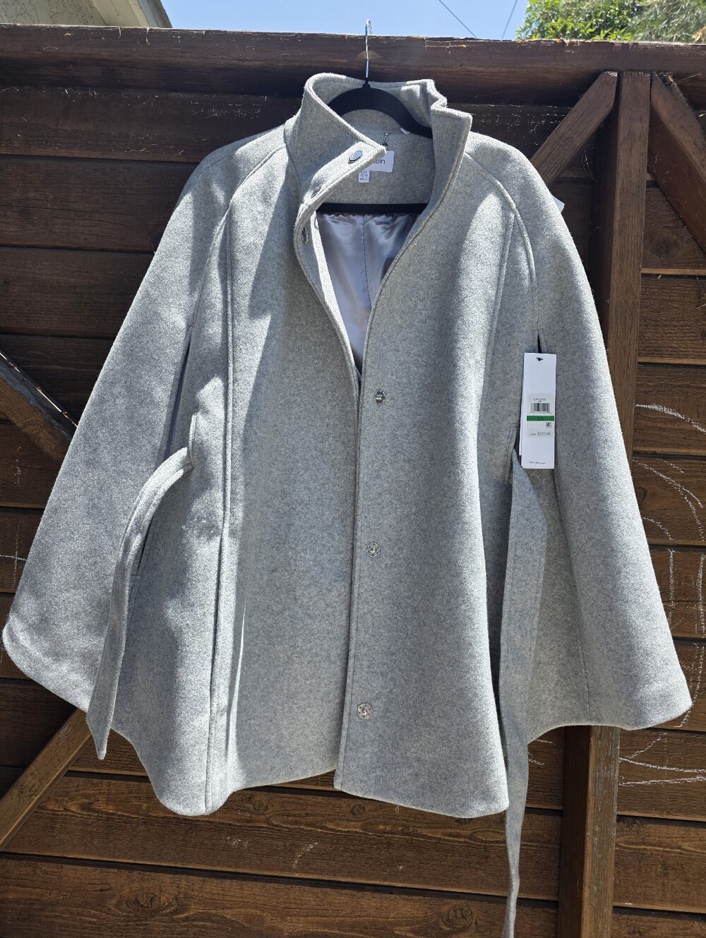 Calvin Klein NWT Womens Heather Grey Infinite Stretch Belted Cape Coat L/XL NEW!